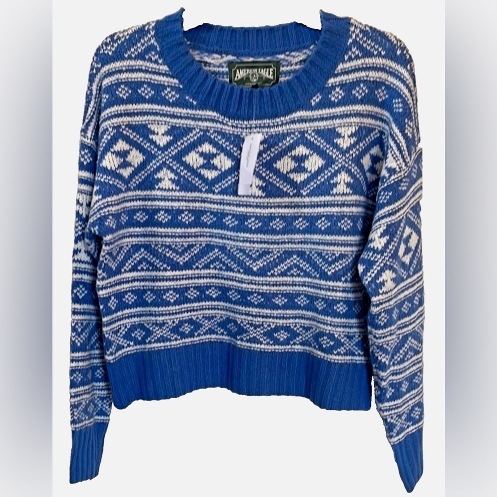 American Eagle Fair Isle Christmas Sweater XS Blue White Nordic Holiday NWT